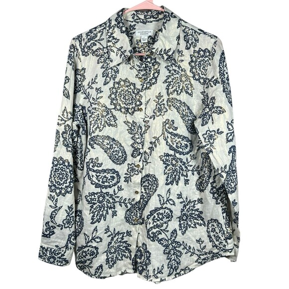 Charter Club Weekend Linen Shirt L Metallic Floral Paisley Casual Button Down - Picture 6 of 14